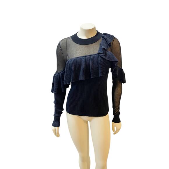 Self-Portrait Asymmetric Frill Long-Sleeve Wool Sweater Blue Women's Medium - Picture 2 of 11